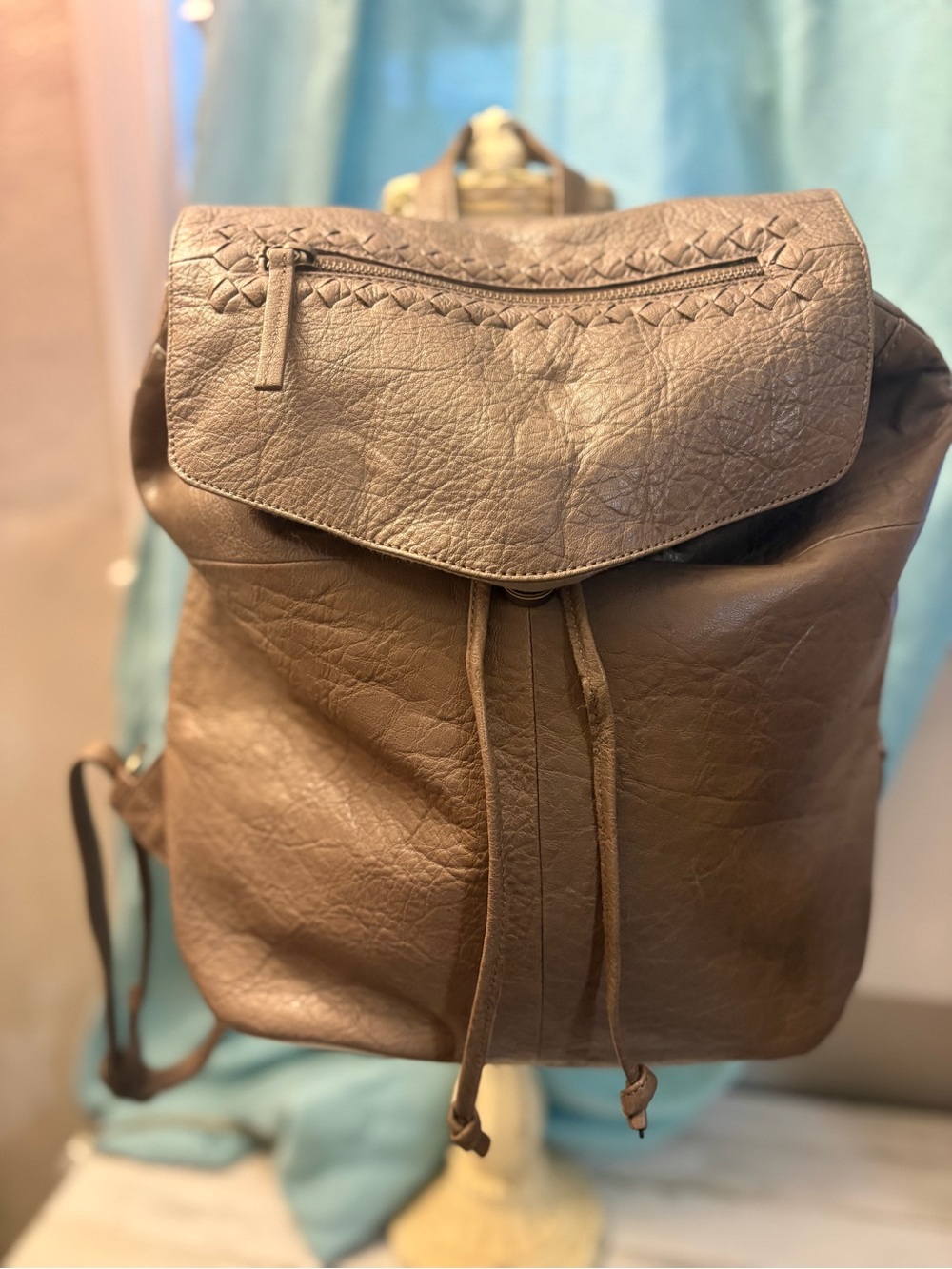 Day & Mood Taupe Leather Drawstring Backpack Hobo Bag Boho